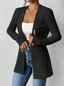 EMERY ROSE Women's Casual Textured Unlined Collarless Lightweight Long Sleeve Blazer - Black - View 3