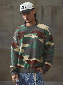 AXEPEAK Men's Casual Camouflage Pattern Round Neck Drop Shoulder Long Sleeve Sweater, Autumn, For Fall Winter - Multicolor - View 2