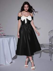 SHEIN MOD Damen Farbblock Off-Shoulder elegantes Kleid mit Schleifendekor in Mittellänge