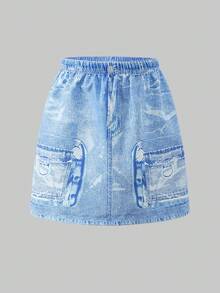 SHEIN Explorewe Set de 2 piezas de ropa para adolescentes: una camiseta de manga corta y cuello redondo con estampados de letras y osos de peluche en estilo callejero, combinada con una falda corta rosa. Conjunto de ropa universitaria y ropa deportiva para la temporada de regreso a clases 2025 - Azul - Ver 6