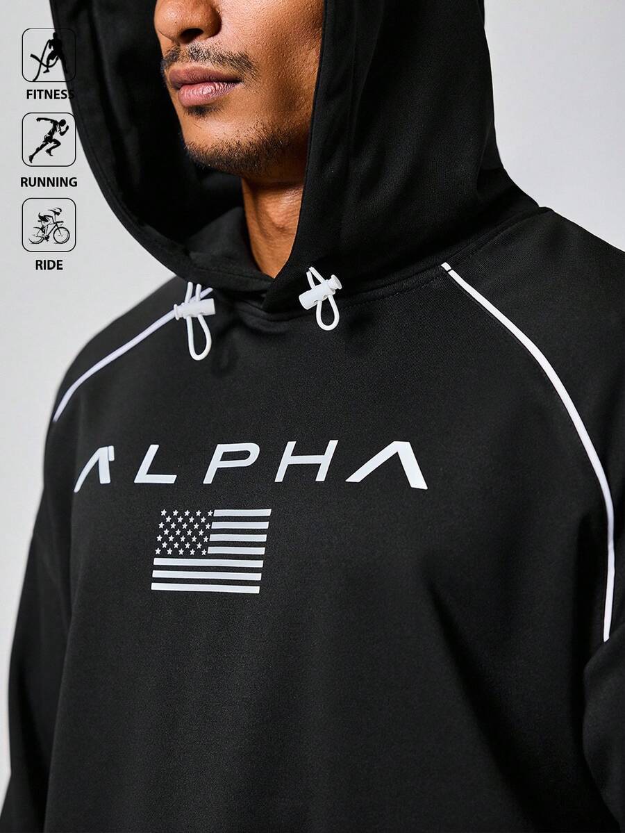 Manfinity Sport Polished Men's Letter & American Flag Print Raglan Sleeve Drawstring Sweatshirt - Black - View 1