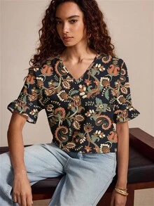 Shutterstock Glamance Camisa de vacaciones con cuello en V casual, manga de murciélago y estampado de anacardo para mujer - Multicolor - Ver 3