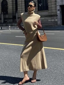 DAZY Women's Casual Solid Color Turtleneck Sweater Vest & Skirt 2-Piece Set, Autumn