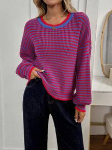 Easowa Women's Contrast Color Crew Neck Long Sleeve Knit Sweater Striped Sweater In Fall/Winter