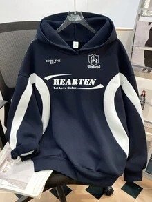 SHEIN Teen Girl Colorblock Letter Print Pattern Loose Casual Hoodie Sweatshirt,In Fall/Winter