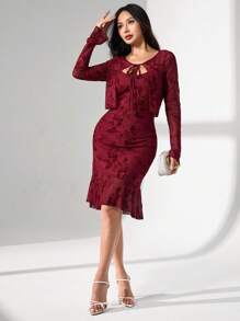 Modelyn Bộ trang phục thanh lịch màu đỏ rượu vang, váy yếm + áo khoác cardigan dài tay, phù hợp cho mùa xuân và mùa thu - Màu Đỏ Sâu - Xem 5