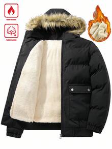 Manfinity Homme Men's Autumn/Winter Furry Trim Thermal Lined Hooded Outdoor Padded Coat, Zip-Up Business Casual Padded Coat, Thick Thermal Lined, Commuter Wear, Black Outerwear Men Winter Coat - Black - View 1