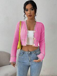 EMERY ROSE 女士休闲百搭纽扣前开衫长袖轻便开衫 - 粉色 - 查看 3