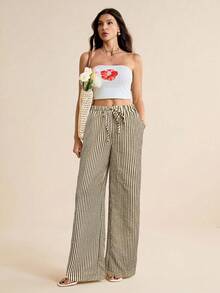 SHEIN Tall Calças listradas femininas com ajuste solto e cordão Calças listradas Calças listradas de perna larga Calças de perna larga Calças femininas de perna larga Calças de verão, outono