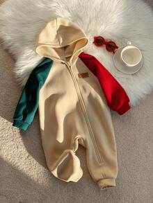 SHEIN 新生儿男女通用圣诞撞色针织连帽长袖连体衣，秋冬季婴儿服装 - 彩色 - 查看 4