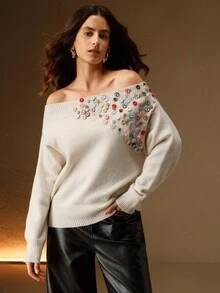 Anewsta 女式露肩彩色纽扣针织套头衫，适合秋季、秋季、冬季、外出、优雅、正式、派对、别致、新年、圣诞节、工作、毕业、婚礼 - 杏色 - 查看 6