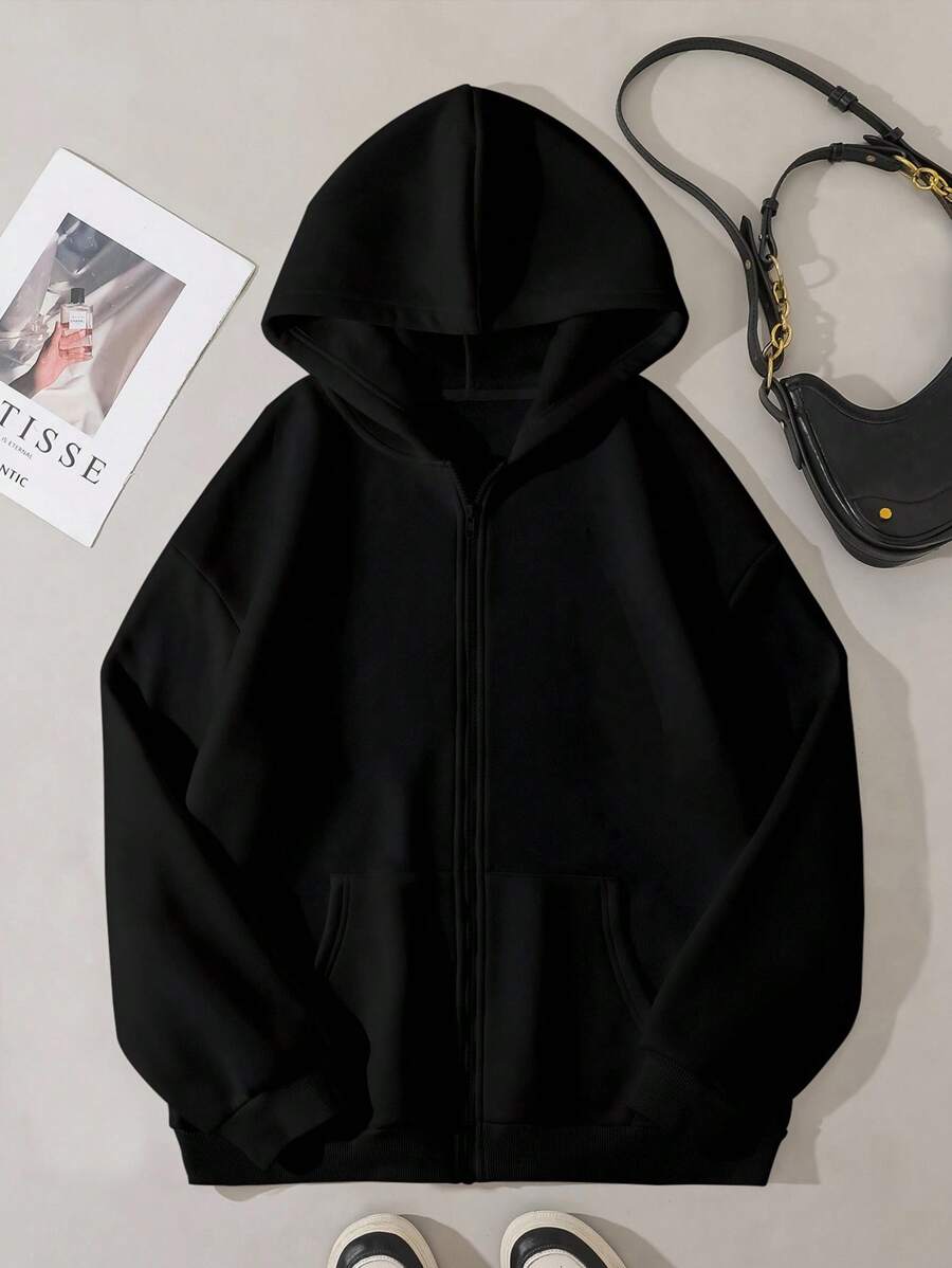 INAWLY 大码女式纯色休闲连帽长袖卫衣，空白卫衣，黑色上衣，适合冬季、毕业季、教师节等场合，秋季返校季套头衫 - 黑色 - 查看 1