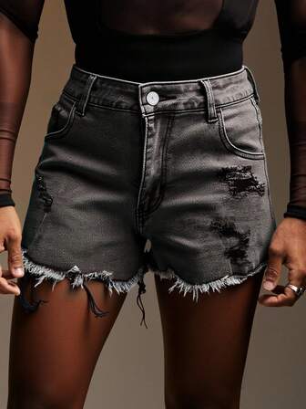 FeverCity Pantalones cortos ajustados lavados para hombres, pantalones de moda sexy grises