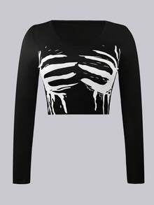 BamGleam Black And White Personalized Elegant Striped Finger Print Long Sleeved T-Shirt Fall Cloth For Women