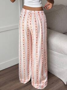 Aloruh New Romantic Striped Bubble Wrinkle Print Cute Cartoon Comfortable Versatile Lounge Pants - Pink - View 2