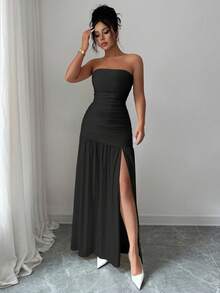 Elenzga Fashionable New Solid Color Glossy Fabric Strapless Long Flowy Ruched Waist Slit Hem Dress, Suitable For Weddings, Graduation Parties, Dates, Vacations - Black - View 6