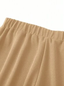 SHEIN Clasi 女士纯色腰部金属装饰牙签设计阔腿宽松休闲裤，适合工作 - 卡其色 - 查看 3