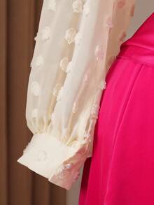 DreamSkyne 大码女式优雅通勤雪纺 3D 绒球镂空彼得潘领纽扣灯笼袖长袖衬衫 - 杏色 - 查看 6