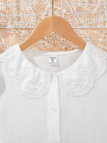 Tween Girl Solid Color Peter Pan Collar Short Sleeve Shirt With Front Buttons, Cute - White - View 4