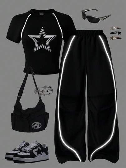 Teen Girl 2pcs/Set Casual T-Shirt And Pants Set, White Star Print On Chest, White Decorative Drawstring, Suitable For Walking, Shopping, School, Concert Outfit