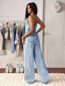 SHEIN Tall Sexy Denim Jumpsuit And Romper, Suitable For Women's Outings And Parties - Light Wash - View 2