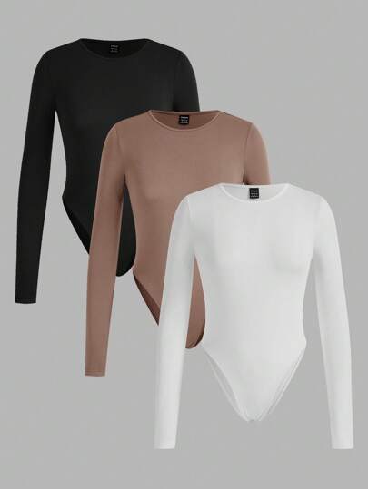 SHEIN EZwear 3pcs Solid Color Versatile Minimalist Women Long Sleeve Bodysuit, Suitable For Autumn/Winter,Fall