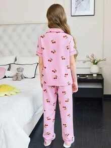 SHEIN Bubble & Cherry Blossom Print Short Sleeve Pants Girls Pajama Set Kids Cherry Pajamas Cherry Pajama Set