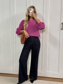 Easowa Women's Contrast Color Crew Neck Long Sleeve Knit Sweater Striped Sweater In Fall/Winter