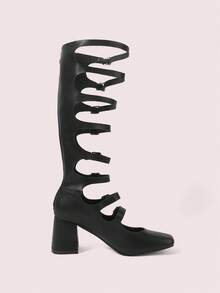 CUCCOO DOLLMOD Women's Square Toe Chunky Heel Fashion Tall Boots, Black Leather With Strap Decor For Christmas Spring Shoes - Black - View 9