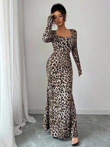 Elenzga 随机豹纹针织弹力复古优雅修身方领长泡泡袖腰部收紧美人鱼连衣裙，带褶饰设计 - 棕色 - 查看 3