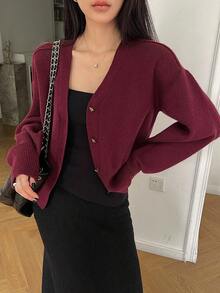 DAZY Women's Casual V-Neck Cardigan, Solid Color, Autumn - Burgundy - View 8