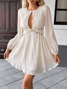 Serisse 女士休闲镂空吊带装饰短款度假连衣裙 - 杏色 - 查看 6