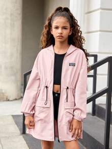 SHEIN Tween-Mädchen Lässige Kapuzenjacke mit Reißverschluss in Kontrastfarbe - Babypink - Übersicht 3