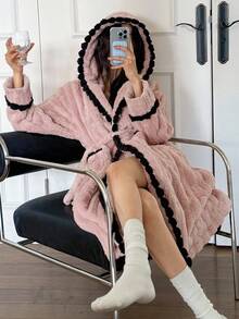 DAZY Women's Textured Fleece Patchwork Hooded Robe, Winter, Fall Fluffy Pajama, Cozy - Pink - View 4