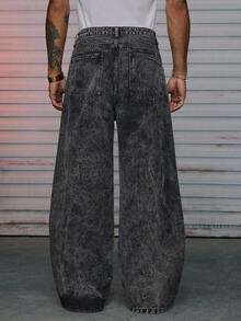 AXEPEAK Men's Washed Loose Casual Rhinestone Embellished Pants - Black - View 2
