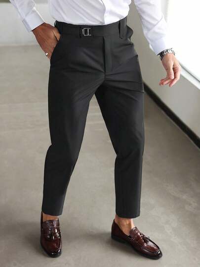 Calvornis Pantalones de traje ajustados de unicolor casual de negocios con bolsillo en diagonal para hombres