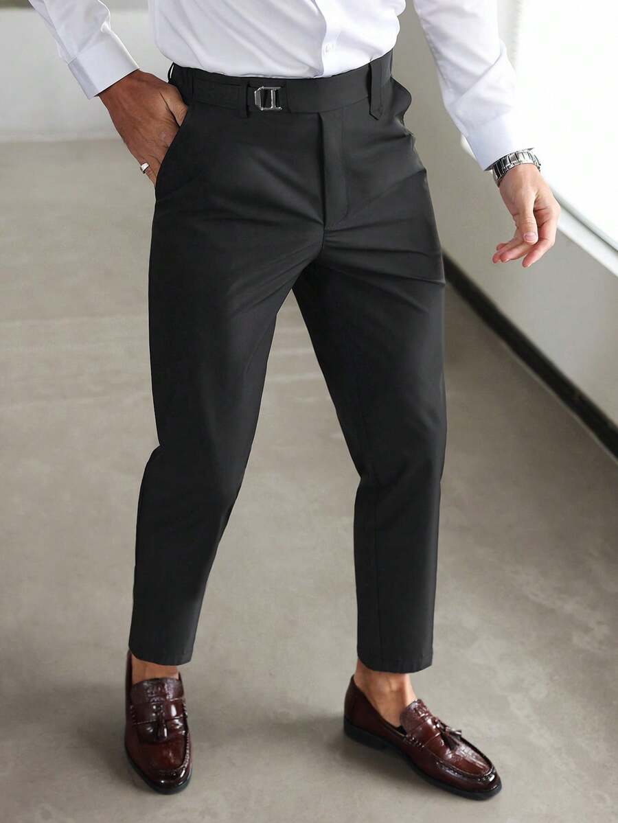 Calvornis 男士休闲商务纯色修身斜口袋西装裤 - 黑色 - 查看 1