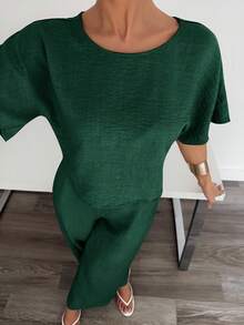 Siren Gaze Bộ 2 áo sơ mi và quần xếp ly màu trơn dành cho nữ thường ngày - Màu xanh lá cây đậm - Xem 3