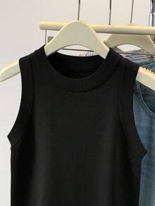 Women's Casual Solid Color Sleeveless Knit Top - Black - View 4