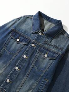 ROMWE MEN Goth Men's Autumn Letter & Skull Embroidery Single-Breasted Casual Denim Jacket - Blue - View 5