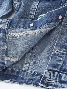 SHEIN Playful Pals Vintage American Street Style Distressed Ripped Tiger Letter Embroidered Patch Loose Casual Comfortable Washed Light Blue Denim Jacket Fall Winter