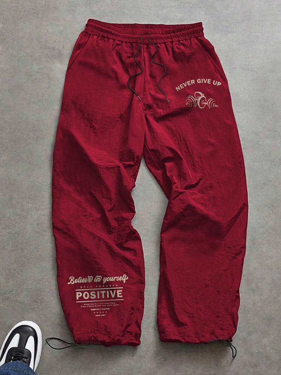 Manfinity Sport Corelite 男士标语印花松紧腰宽松休闲运动裤健身服跑步裤圣诞秋季透气 - 紅色 - 查看 1