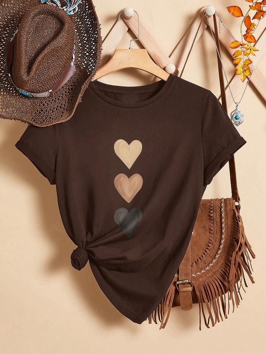 EMERY ROSE Casual Heart-Shaped Patterned Round Neck Women's Short Sleeve T-Shirt, Suitable For Summer Suitable For Going Out,Casual - Brown - View 1