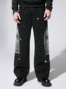 ROMWE MEN Men's Dark Gothic Casual Wide Leg Button Pocket Jeans Halloween - Black - View 5
