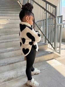 Set de 2 piezas de sudadera con capucha con cremallera y leggings reversibles con estampado de corazón para niñas, ropa casual para otoño/invierno