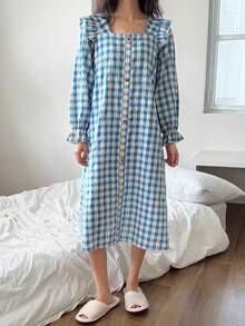 DAZY 可爱格子荷叶边方领长款女式睡袍，秋季睡衣 - 藍色 - 查看 7