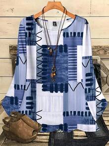 EMERY ROSE Plus Size Women Casual Full-Print Blue Pattern Round Neck Loose 3/4 Sleeve Shirt, Autumn/Winter Chic Blouses For Women - Blue - View 1