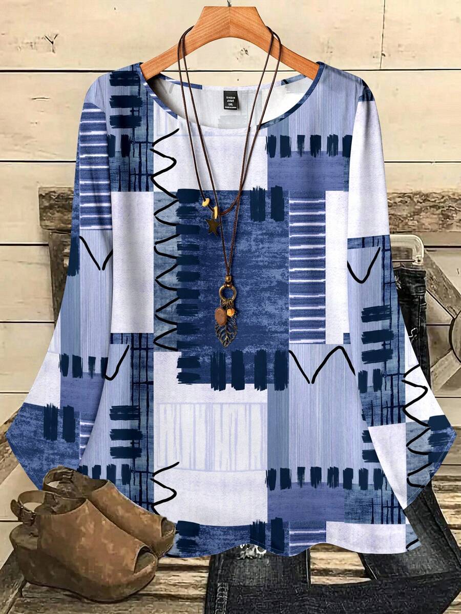 EMERY ROSE Plus Size Women Casual Full-Print Blue Pattern Round Neck Loose 3/4 Sleeve Shirt, Autumn/Winter Chic Blouses For Women - Blue - View 1