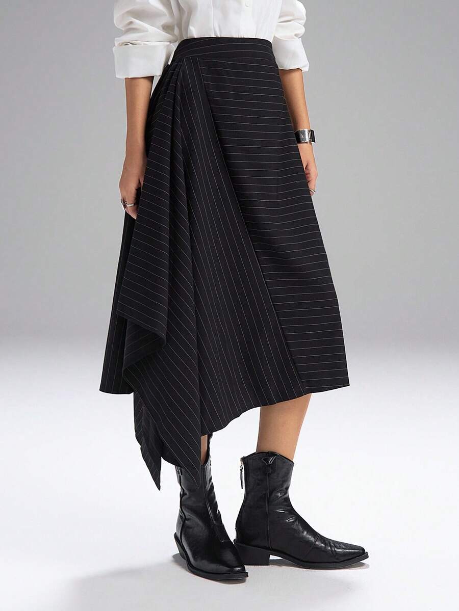 LYSMO 2025 New Arrive Minimalism Fall Women Casual Everyday Asymmetric Hem Striped Skirt  For Going Out Outfits, Back To School, Graduation, Streetwear, And Stockholm Style  Business Casual Deconstructionism - Black - View 1