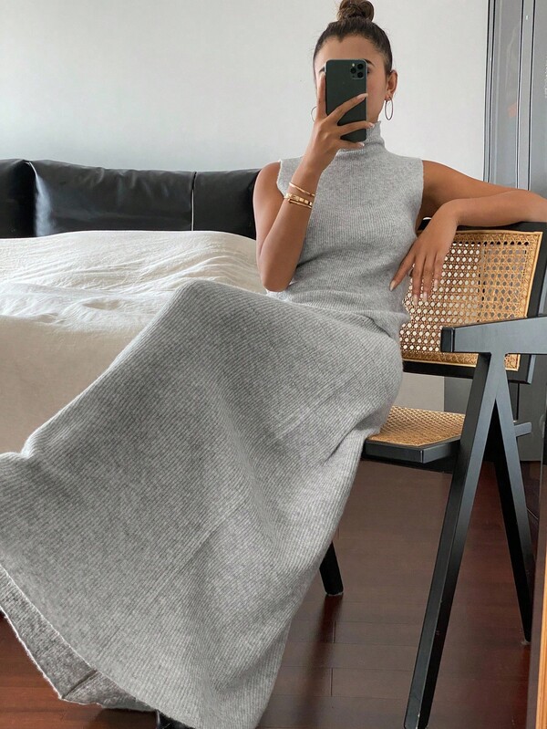 DAZY 2 piezas Conjunto de suéter de punto de cuello alto sin mangas y falda de unicolor, casual y elegante para otoño/invierno